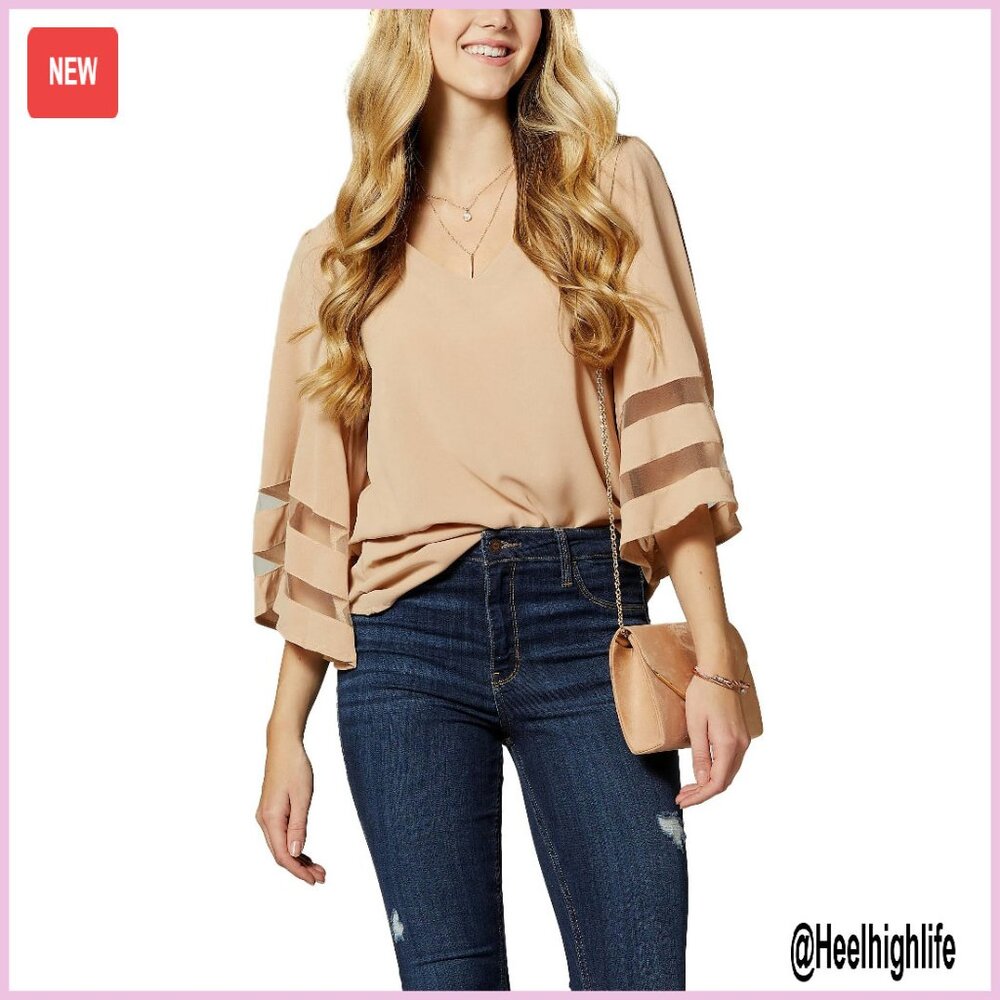 Bell Sleeve Top V-Neck Chiffon Blouse Women's Sizes